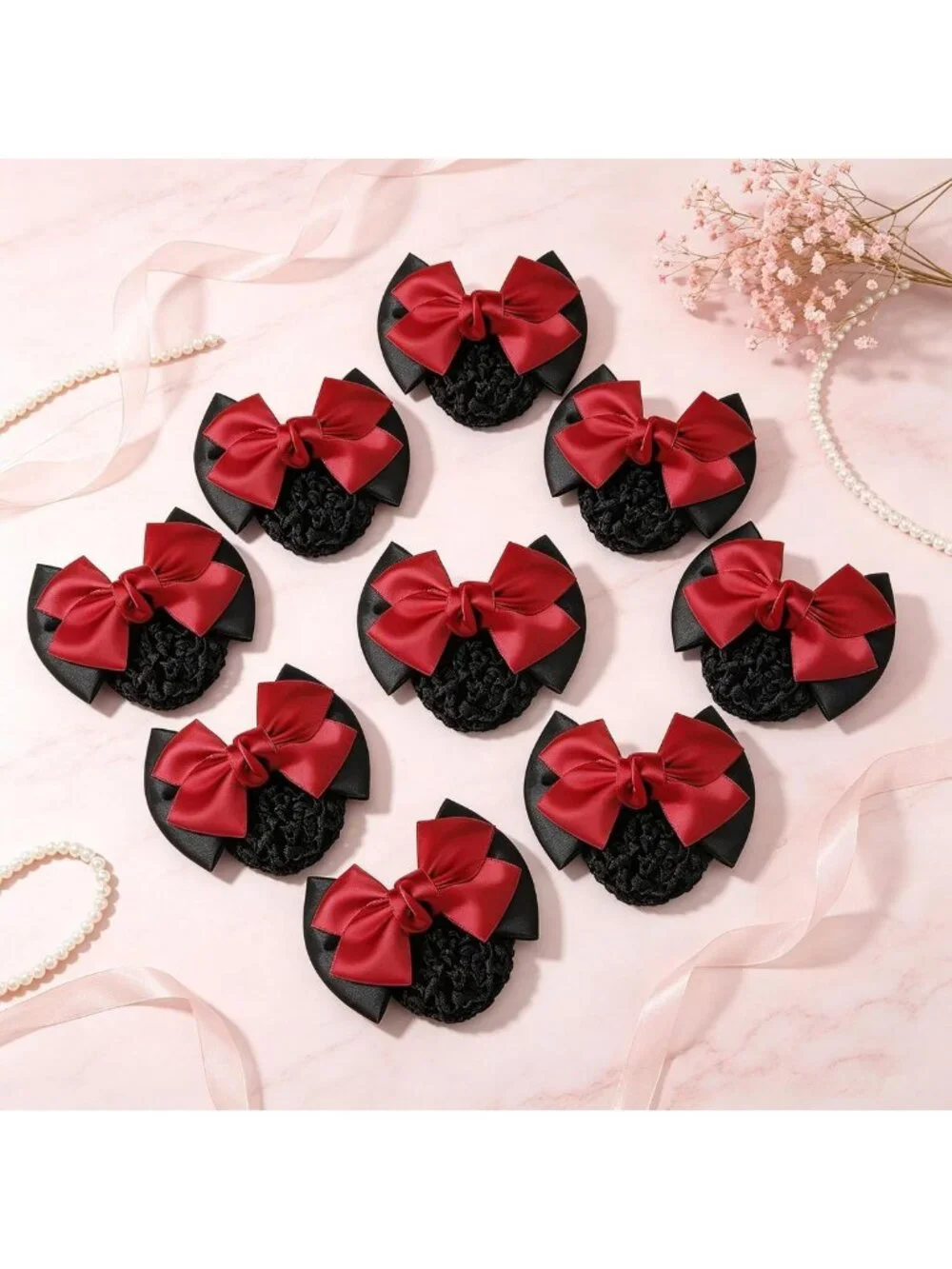 Chic Red Satin Bow Snood & Barrette Set | Non-Slip Mesh Hair Clips for Women